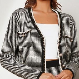 Striped Pattern Dual Pocket Drop Shoulder Cardigan by SHEIN